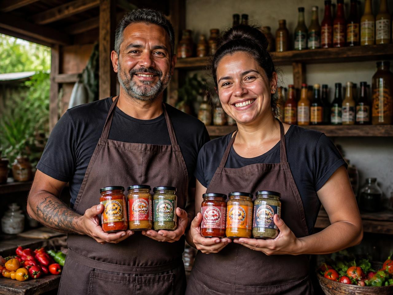 Casal de fabricantes parceiros Molhos Brasil segurando potes de molhos artesanais