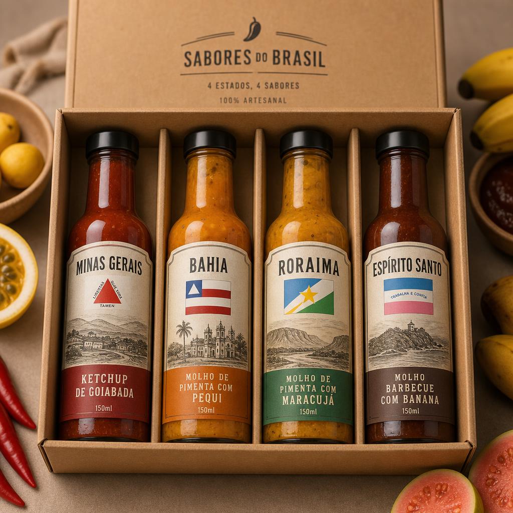 Kit Molhos Brasil com quatro sabores artesanais: Ketchup de Goiababa, Pimenta com Pequi, Pimenta com Maracujá e Barbecue com Banana