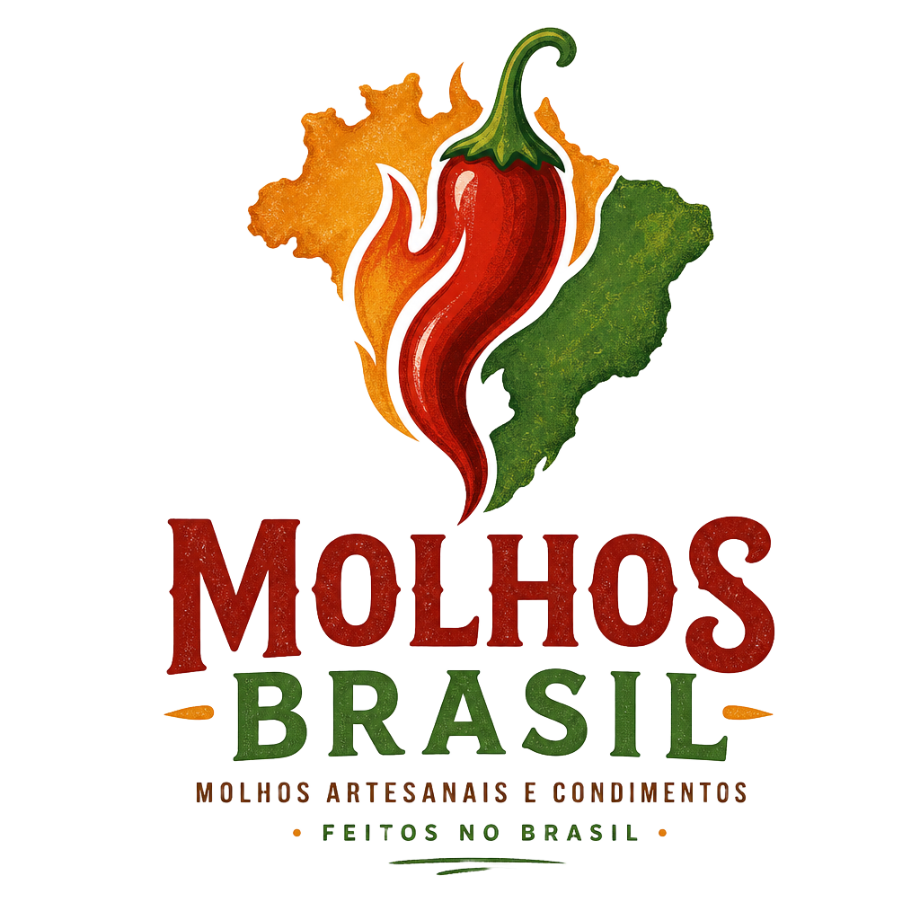 Logomarca Molhos Brasil: pimenta em forma de chama sobre o mapa do Brasil